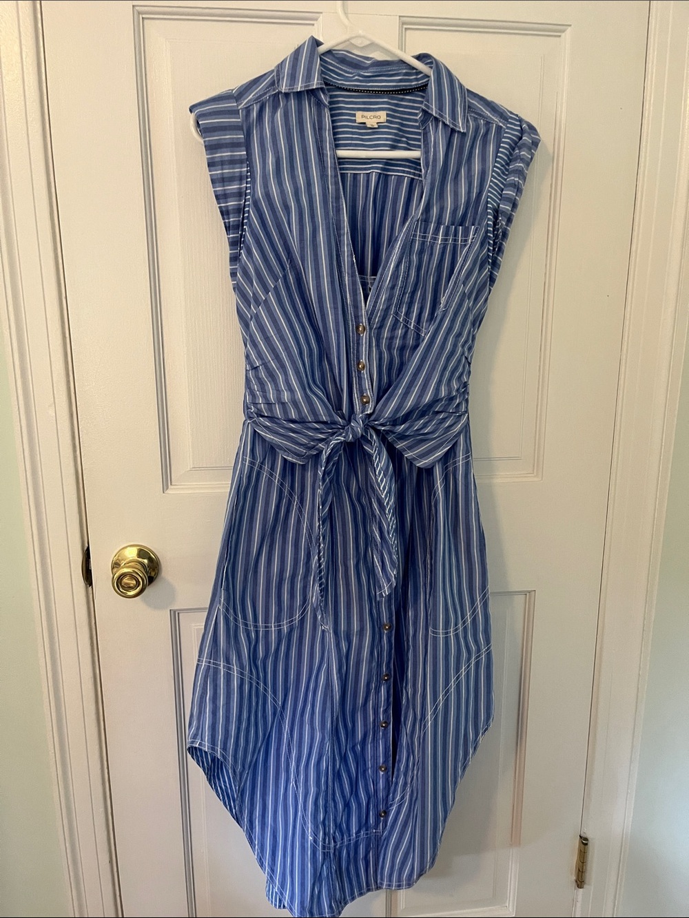 Pilcro Blue and White Striped Tie-Front High-Low Dress